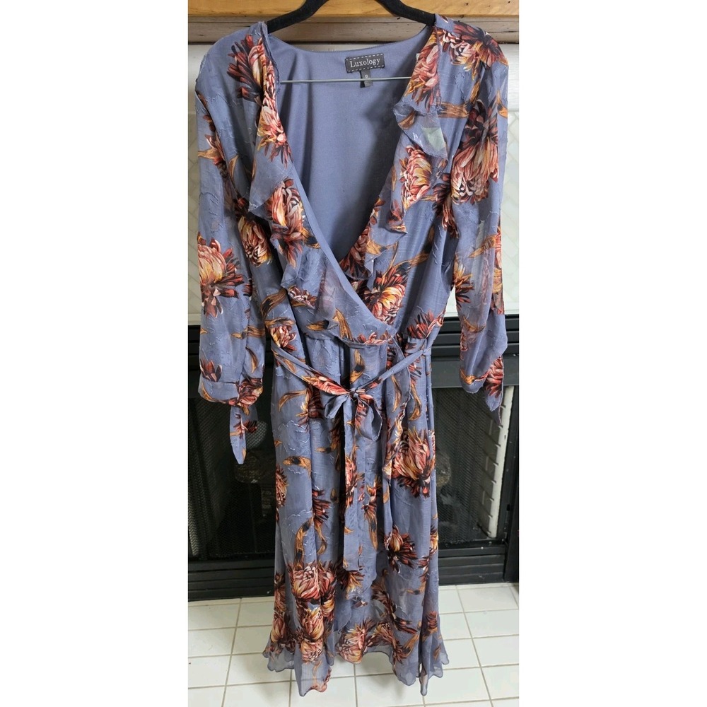 Luxology Sz 12 Floral Ruffled Chiffon Dress With Flowers With matching Belt Nwt